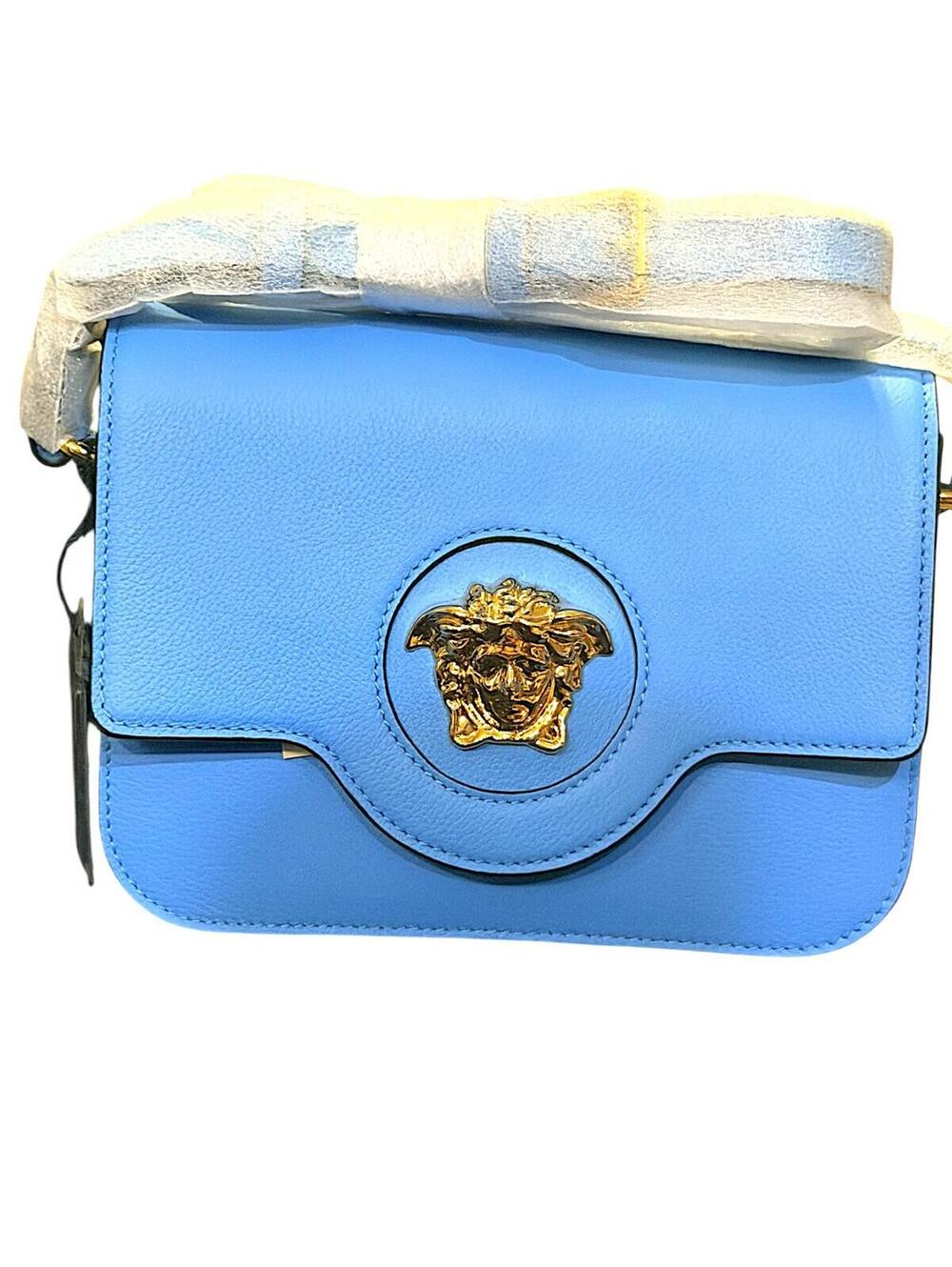 Versace La Medusa Blue Leather Crossbody Bag Gold Medusa Chain Strap NWT